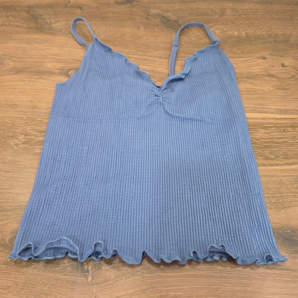 Out From Under Blue Ribbed Lettuce Trim Cami Tank Top Size M/L